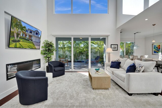 living room with dark wood-type flooring, sink, and a towering ceiling