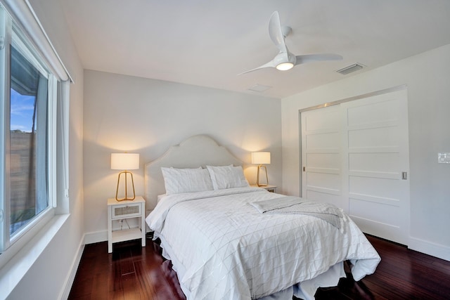 bedroom with multiple windows, dark hardwood / wood-style floors, and a closet