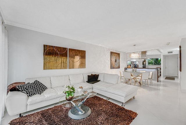 tiled living room featuring ornamental molding