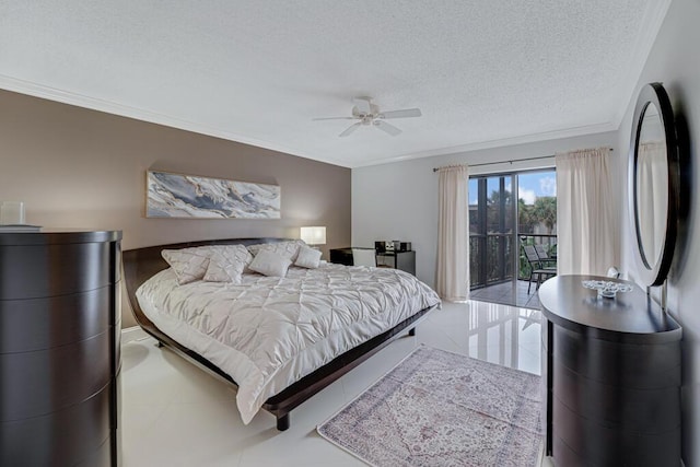 3605 S Ocean Blvd Unit 312, South Palm Beach, FL 33480 - bedroom featuring a ceiling fan, a textured ceiling, tile patterned flooring, access to outside, and ornamental molding