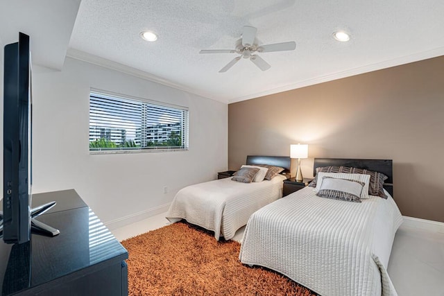 3605 S Ocean Blvd Unit 312, South Palm Beach, FL 33480 - bedroom featuring a ceiling fan, recessed lighting, a textured ceiling, baseboards, and crown molding