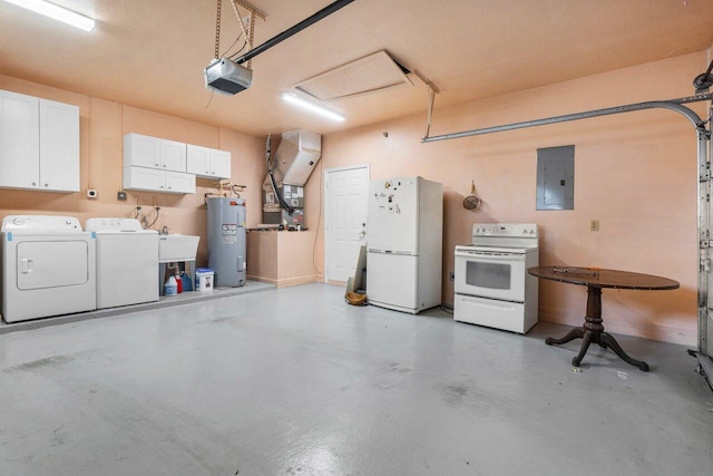 garage with white refrigerator, washing machine and clothes dryer, electric panel, a garage door opener, and electric water heater