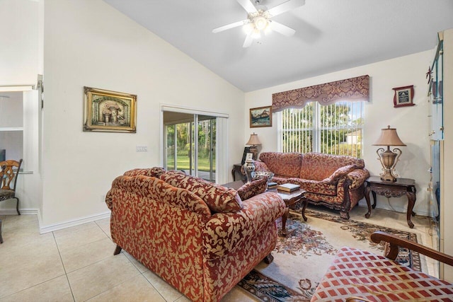 living room featuring high vaulted ceiling, ceiling fan, and light tile patterned flooring