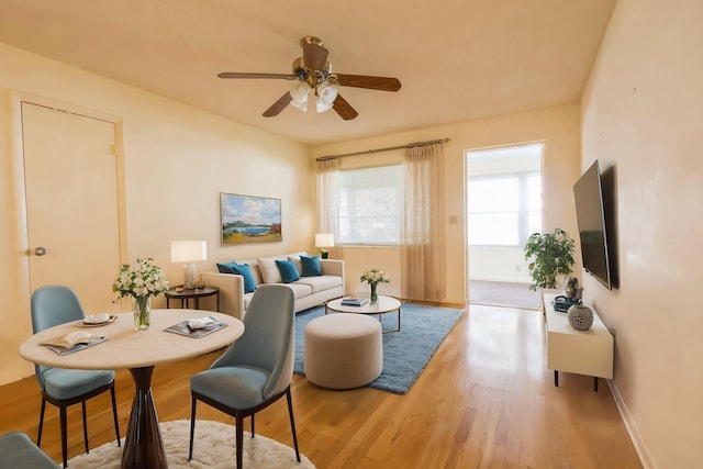 living room with ceiling fan and light hardwood / wood-style flooring