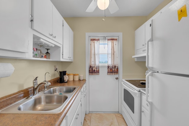 kitchen featuring ceiling fan, sink, white cabinets, and white appliances