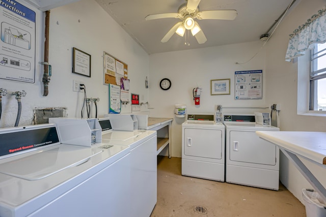 laundry room featuring ceiling fan and washing machine and clothes dryer