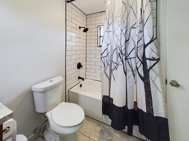 bathroom with shower / bath combination with curtain and toilet