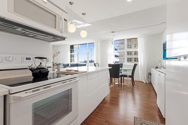 kitchen featuring plenty of natural light, white appliances, white cabinetry, and dark wood-style flooring