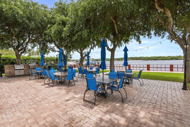 view of patio / terrace featuring area for grilling, a water view, and grilling area