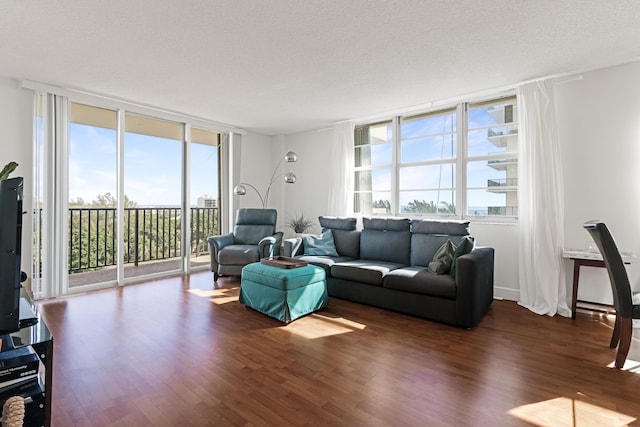 living room featuring floor to ceiling windows, a textured ceiling, and wood finished floors