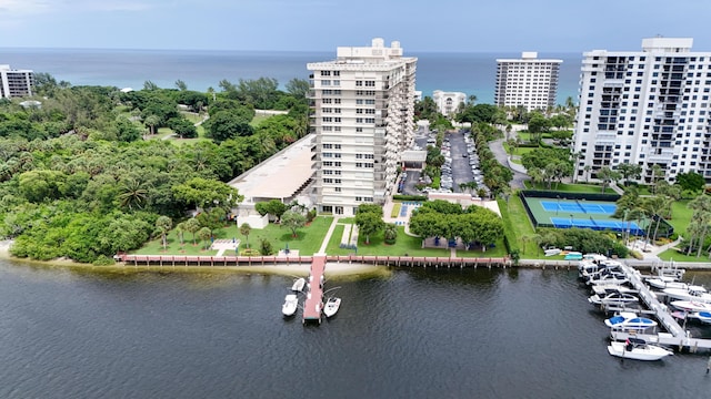 birds eye view of property featuring a water view