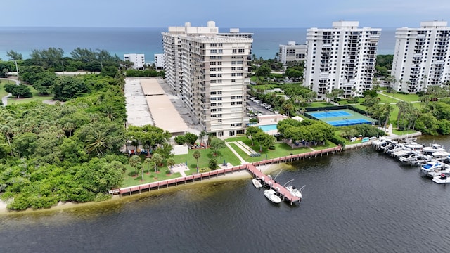 drone / aerial view featuring a water view