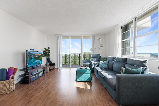 living room featuring floor to ceiling windows, wood finished floors, and a textured ceiling