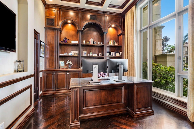 office featuring ornamental molding and dark parquet floors