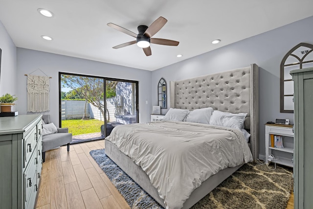 bedroom with ceiling fan, access to exterior, and light hardwood / wood-style floors