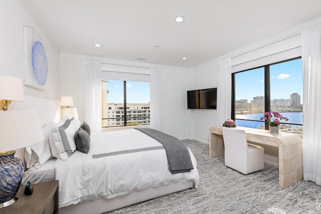 carpeted bedroom with crown molding