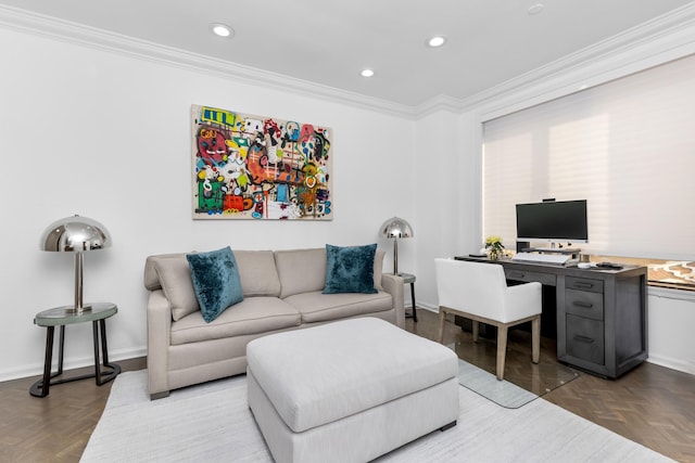 living room featuring light parquet flooring and ornamental molding