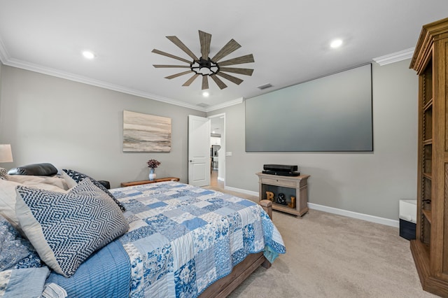 bedroom with ornamental molding, light carpet, and ceiling fan