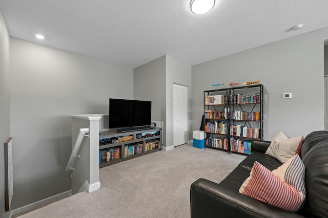 carpeted living room with a textured ceiling