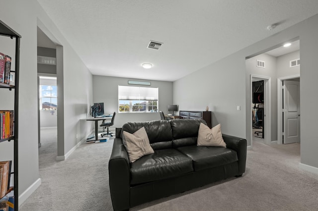 carpeted living room with a textured ceiling