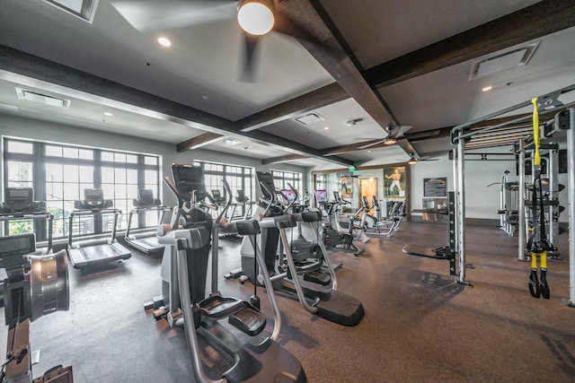 exercise room with coffered ceiling and ceiling fan