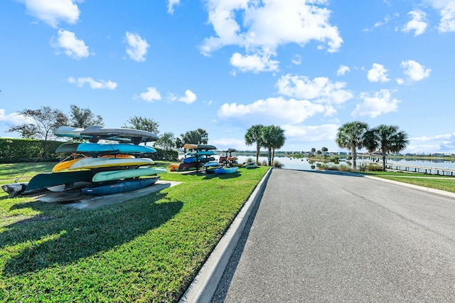 view of street with a water view