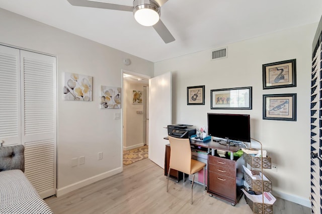 office featuring light hardwood / wood-style flooring and ceiling fan