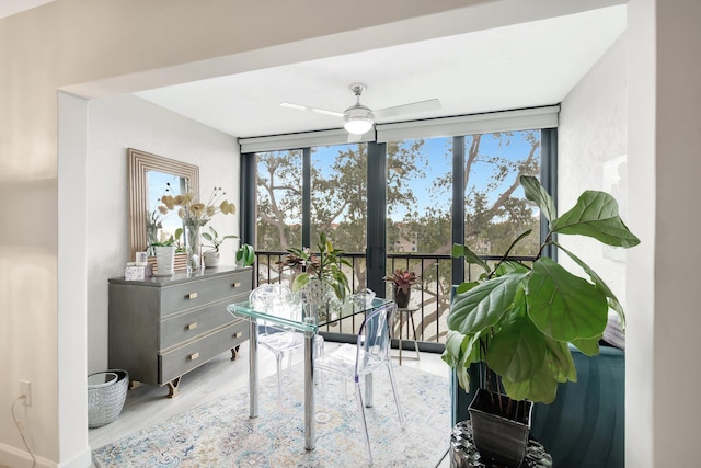 interior space with floor to ceiling windows, ceiling fan, and light hardwood / wood-style floors