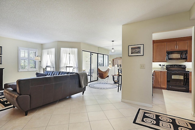 tiled living room with a textured ceiling