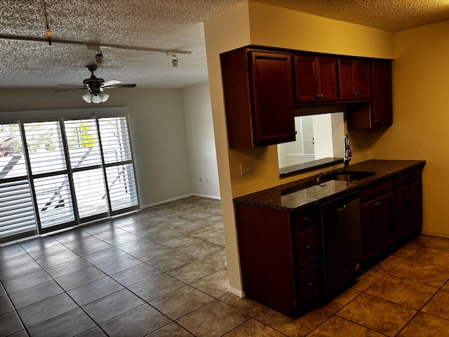 kitchen with a ceiling fan, dishwashing machine, a textured ceiling, dark brown cabinets, and a sink