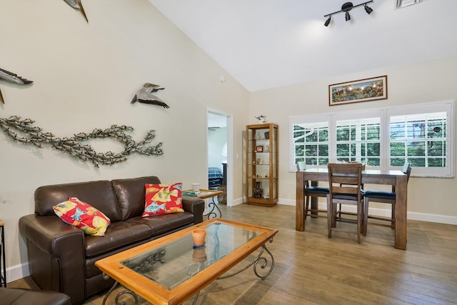 living room featuring high vaulted ceiling and light hardwood / wood-style flooring