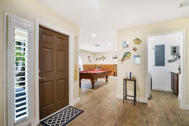 playroom with pool table, electric panel, and light hardwood / wood-style floors