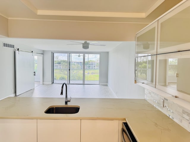 kitchen with sink, a wealth of natural light, a barn door, and ceiling fan