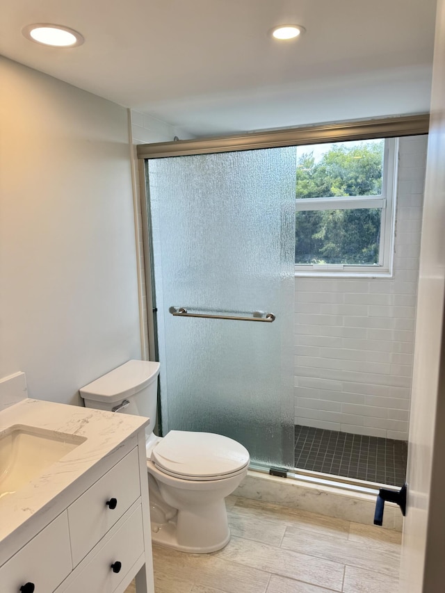 bathroom featuring vanity, toilet, and a shower with shower door