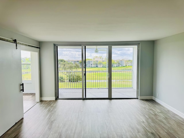 unfurnished room with a barn door, light wood-type flooring, and a wealth of natural light