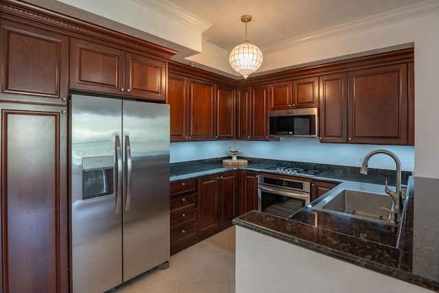 kitchen featuring light tile patterned flooring, sink, crown molding, appliances with stainless steel finishes, and pendant lighting