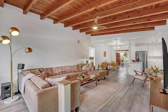 living room with beamed ceiling, a chandelier, light wood-type flooring, and wooden ceiling