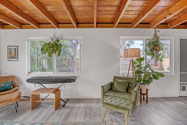 sitting room featuring beam ceiling, wooden ceiling, and light hardwood / wood-style floors