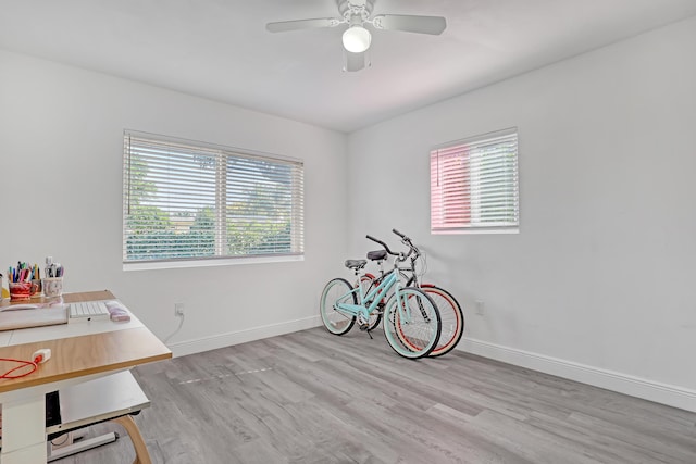 misc room with ceiling fan, a wealth of natural light, and light hardwood / wood-style floors