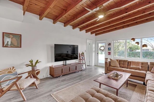 living room featuring wood ceiling, light hardwood / wood-style floors, and vaulted ceiling with beams