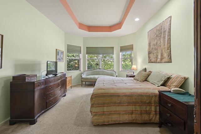 bedroom with light colored carpet and a raised ceiling