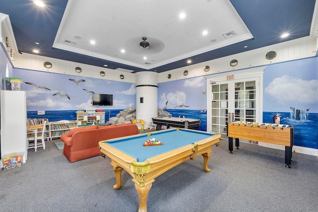 game room with crown molding, billiards, carpet floors, french doors, and a raised ceiling