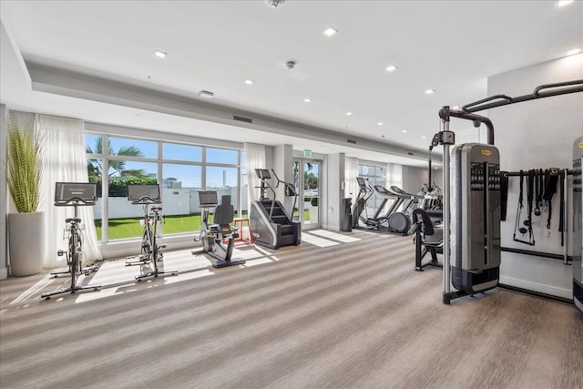 workout area with a healthy amount of sunlight and light carpet