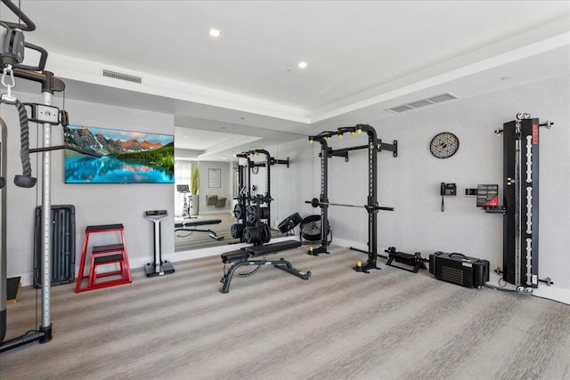 exercise room with a tray ceiling