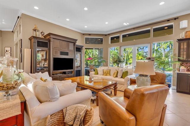 tiled living room with ornamental molding and french doors