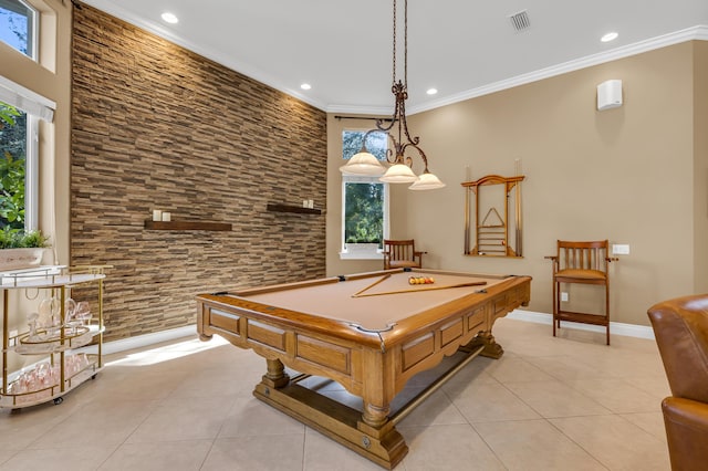 recreation room featuring light tile patterned floors, crown molding, and billiards