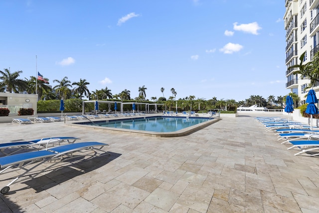 view of swimming pool featuring a patio area