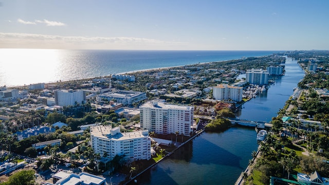 aerial view with a water view and a view of city