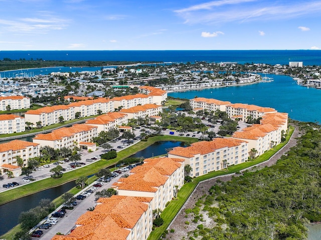 drone / aerial view featuring a water view