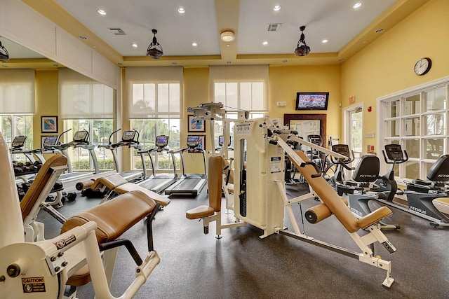 workout area featuring a towering ceiling